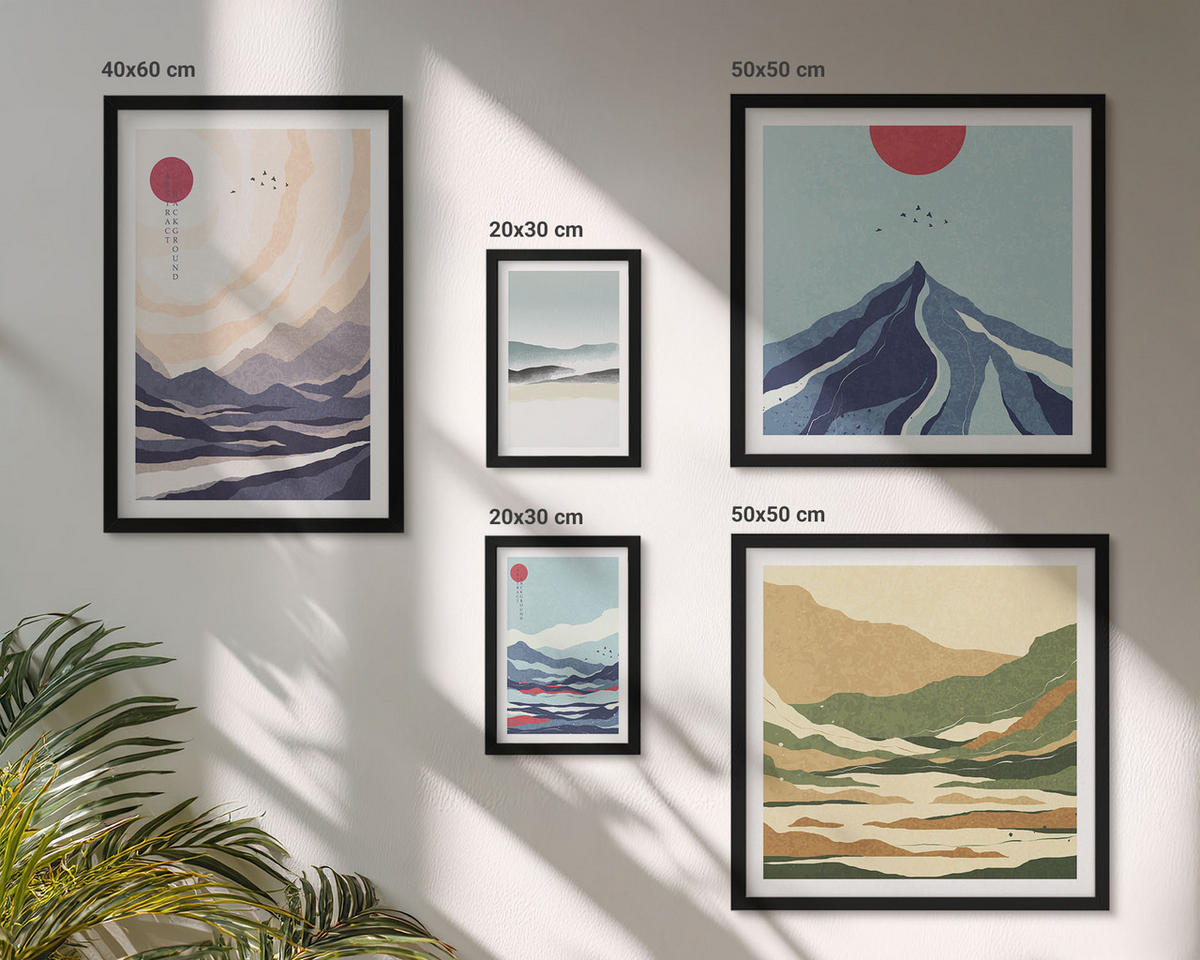 BILDER SET 5er Set - 50x50 cm & 20x30 cm & 40x60 cm Schwarzer Rahmen - Farbenfrohe abstrakte Flussberge - Schwarz, Kunststoff (40/60cm) - TULUP