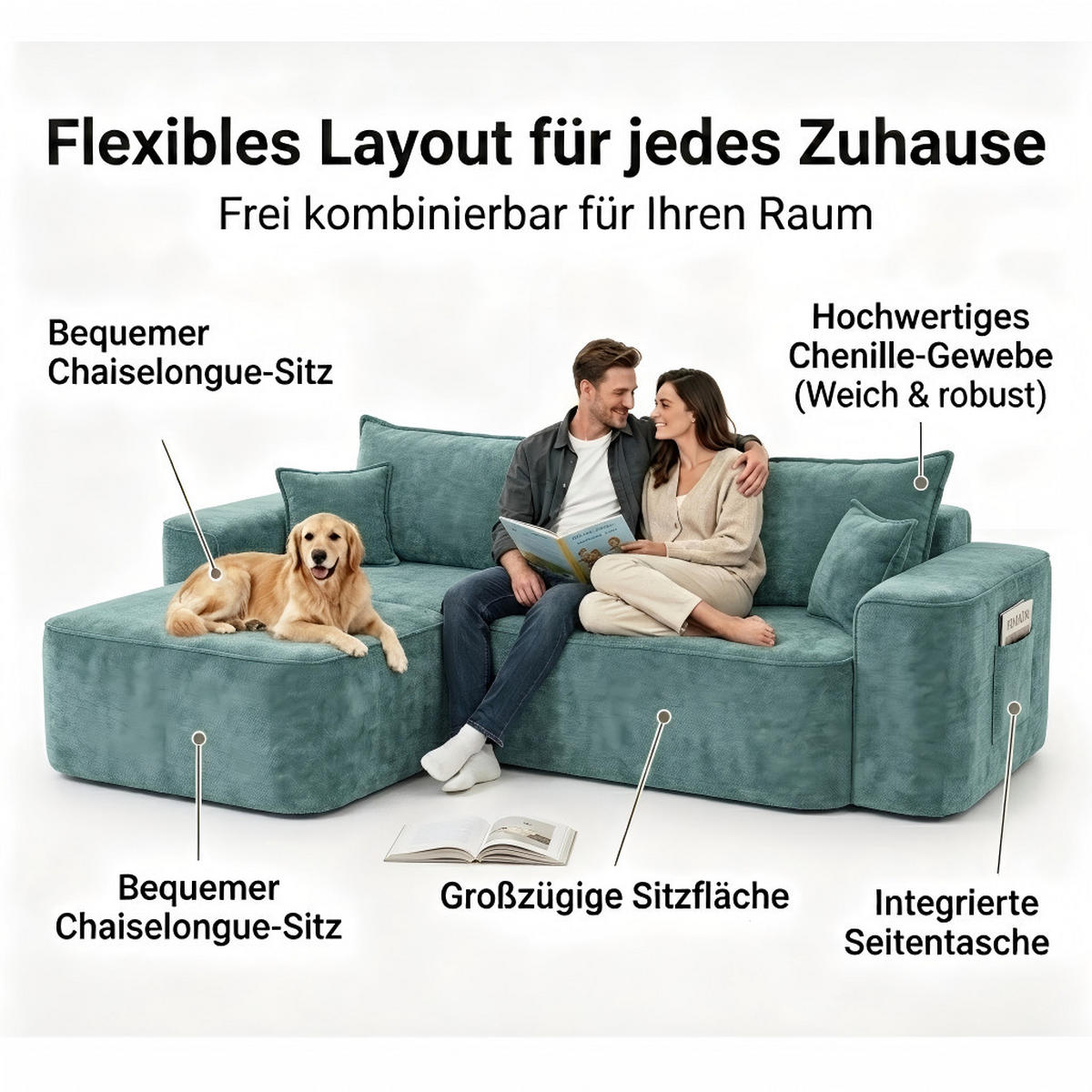 ECKSOFA 262/144/65 cm Grün mit Aufbewahrungsbeutel - Grün, Textil (262/144cm) - Oxeza