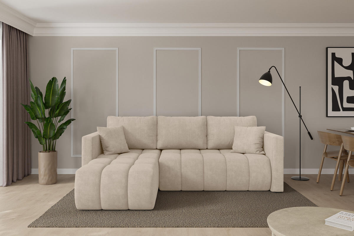 ROHOVÁ SEDAČKA s funkcí spaní, otoman vlevo GARD-L 226x146x85 béžová velur - černá/Sahara, kompozitní dřevo/textil (226/146cm) - ALTDECOR