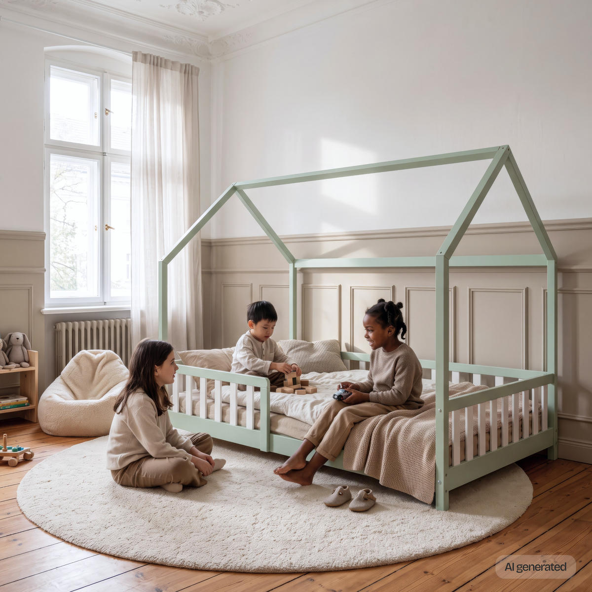 HAUSBETT Hesel - Weiß/Mintgrün, Holz (140/200cm) - [en.casa]