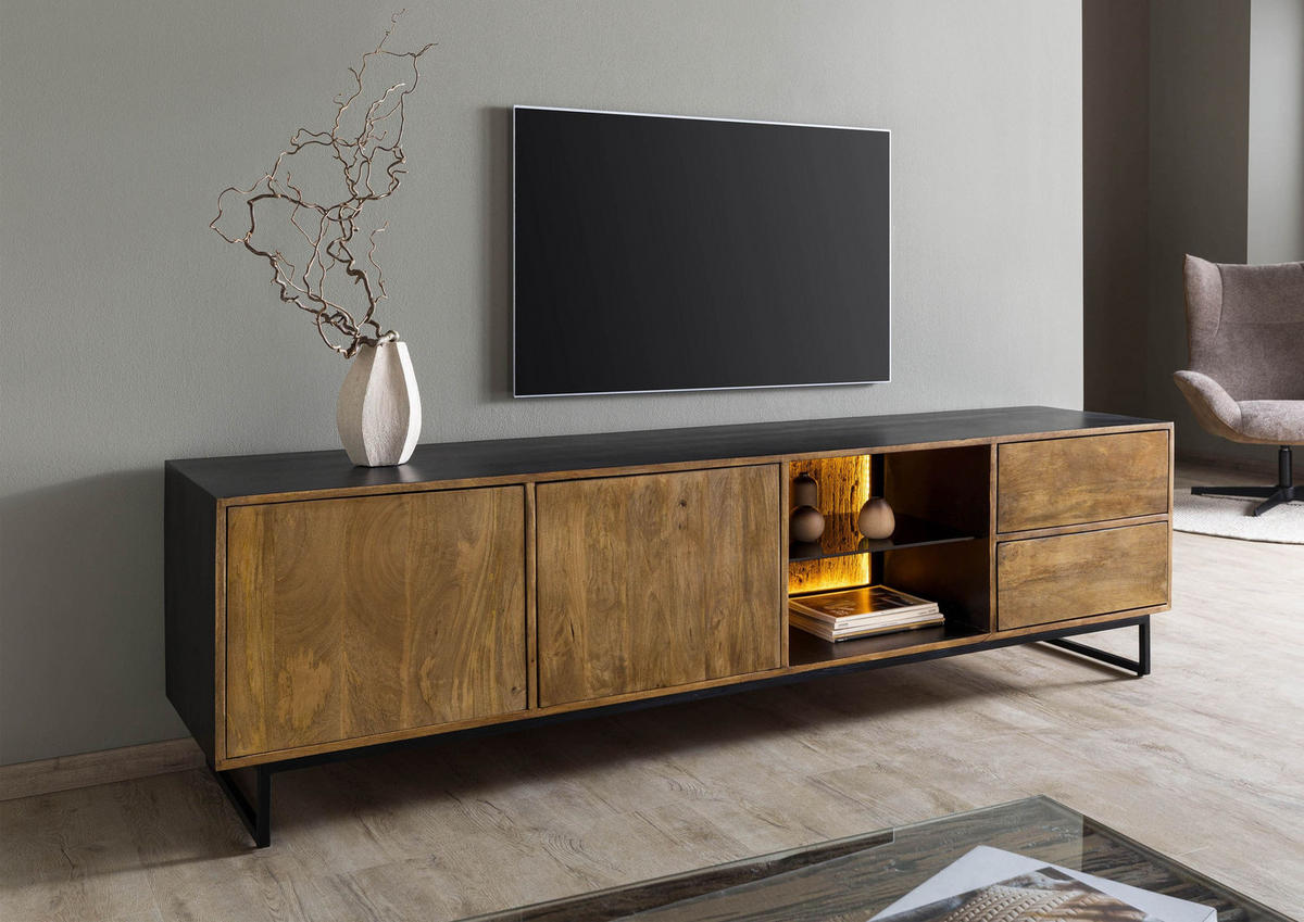 TV-BOARD Mango / Altholz 220x47x60 schwarz / natur lackiert DAVIS #22 - Schwarz, Holzwerkstoff (220/60/47cm) - Massivmoebel24