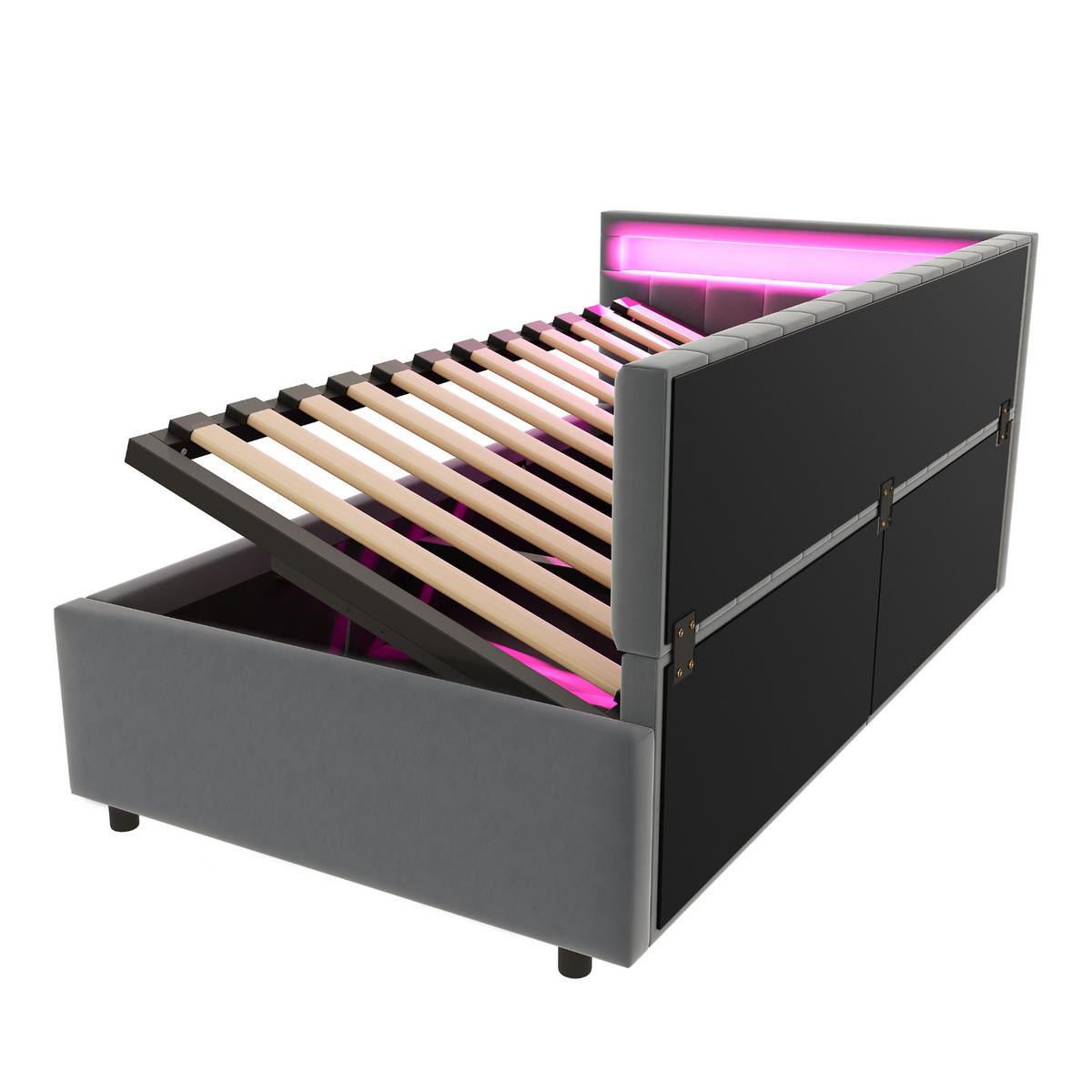 POLSTERBETT 90/200 cm grau aus Samtstoff mit LED und Stauraum - Grau, Textil (90/200cm) - OKWISH