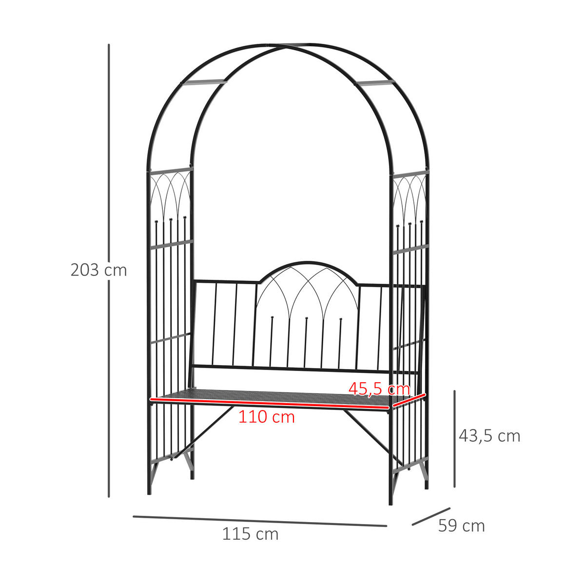 ROSENBOGEN mit Bank, 115 x 59 x 203 cm, Metall, Schwarz - Schwarz, Metall (115/203/59cm) - Outsunny