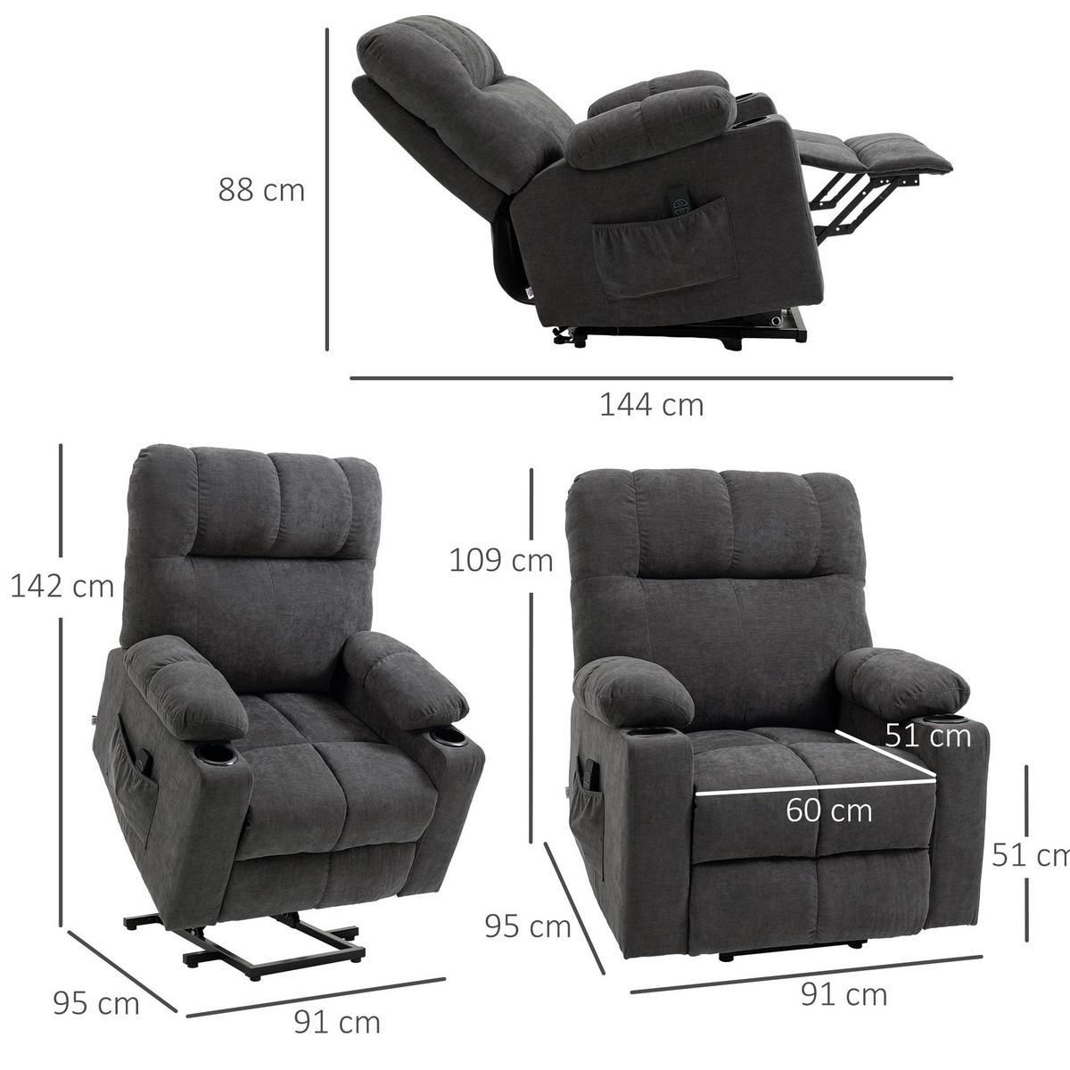 ELEKTRISCHER Relaxsessel in Dunkelgrau 95x91x109 cm mit Aufstehhilfe, Massage und Wärmefunktion - Dunkelgrau, Textil (91/109/95cm) - IVMEU