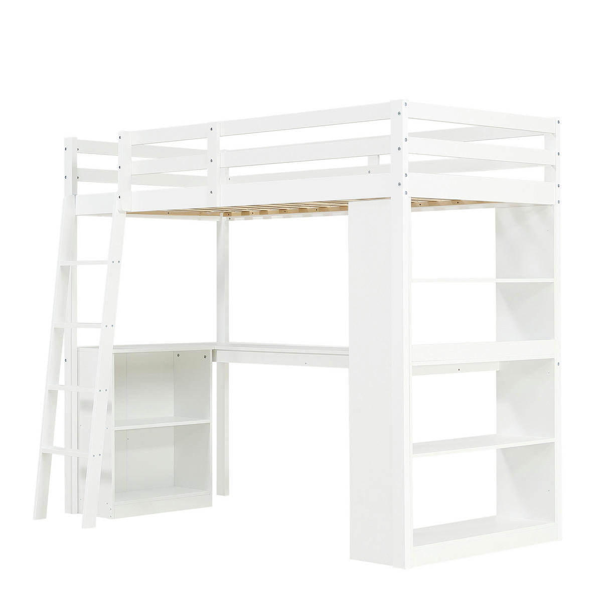 HOCHBETT Weiß 90/200 cm mit Ablageregal und Sicherheitsgeländer ohne Matratze - Weiß, Holz (90/200cm) - MIVRAY