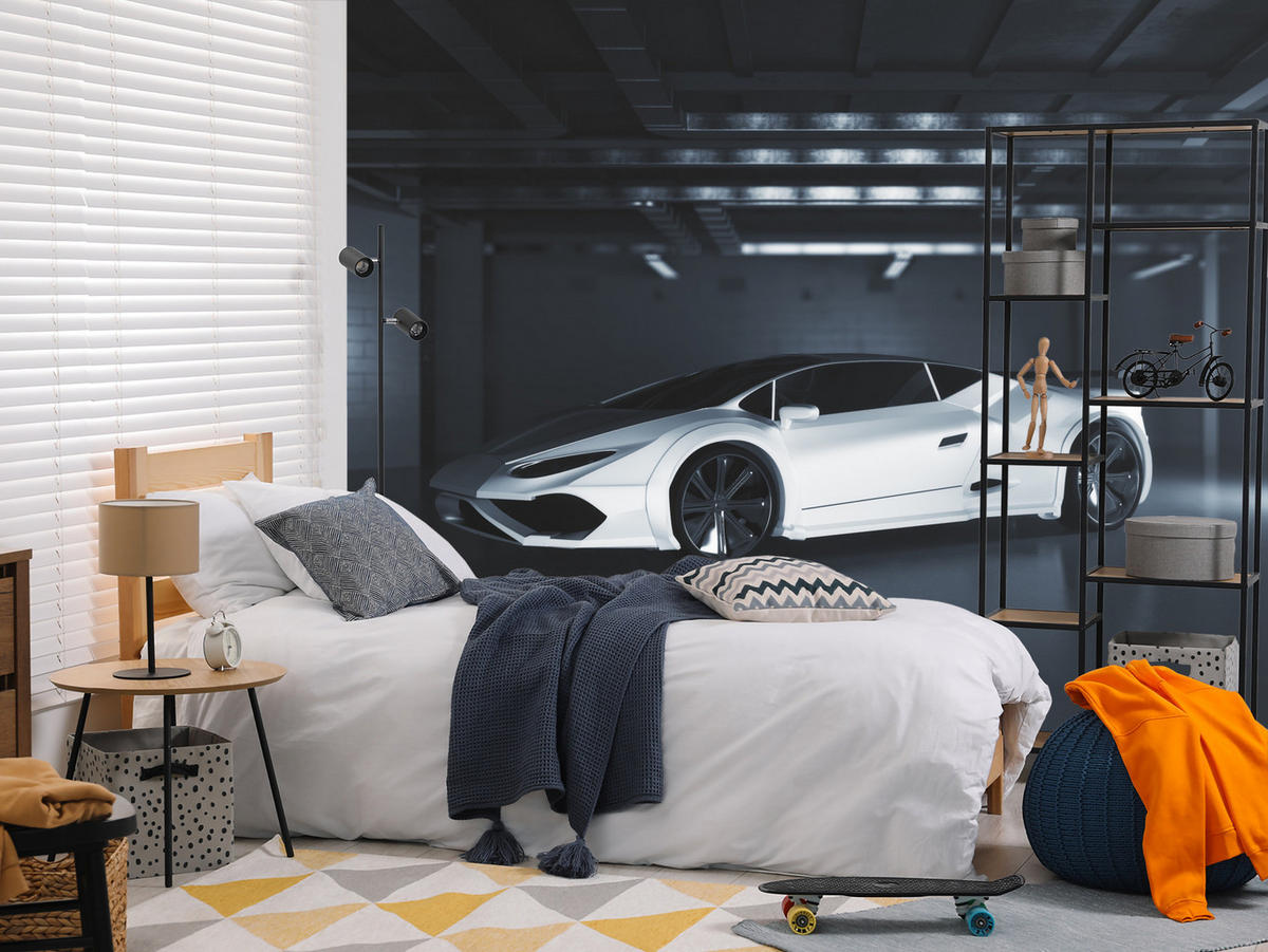 FOTOTAPETE für Jugendzimmer Weißes Sportwagen Untergrundgarage Modern 150x105 - Schwarz/Weiß, Papier (150/105cm) - Muralo