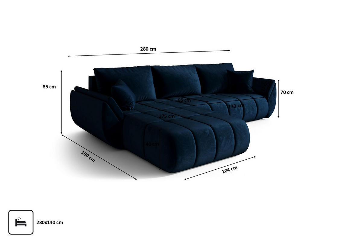 ECKSOFA TOKYO PREMIUM mit Schlaffunktion, Stoff MONOLITH, Dunkelblau, Links - Dunkelblau, Holz (280/190cm) - Kaiser Möbel