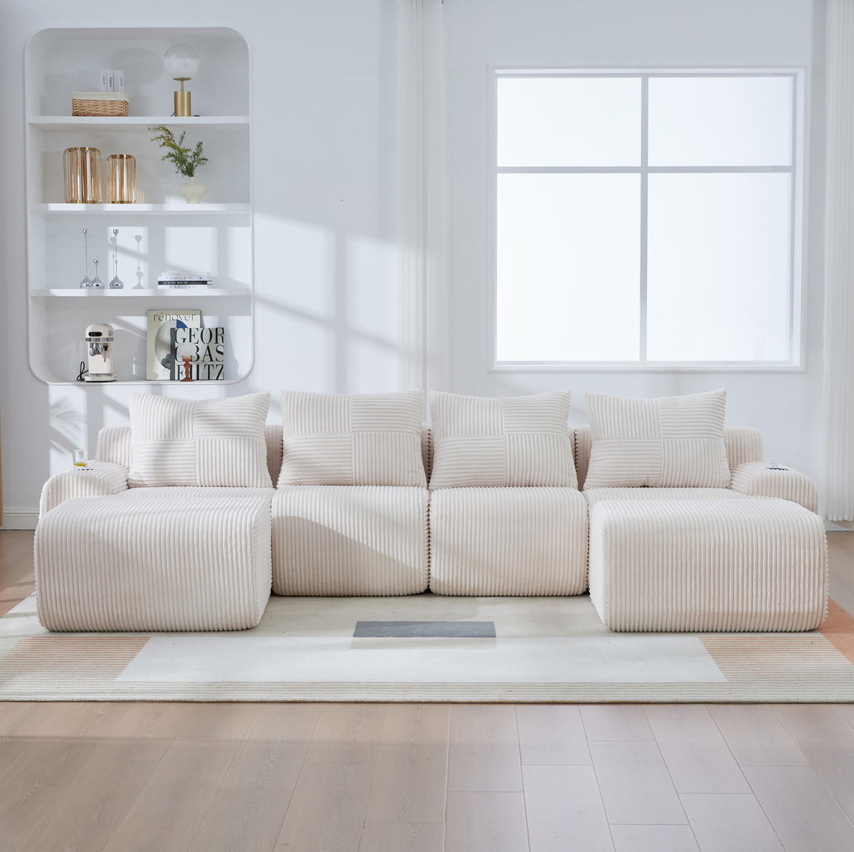 WOHNLANDSCHAFT Cord 4-Sitzer mit 2 Hockern und Getränkehalter 333/174/80 cm Beige - Beige, Textil (174/80/333cm) - Redom