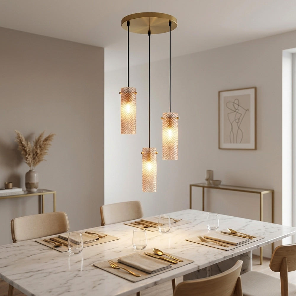 PENDELLEUCHTE Metall, Gold, Amberglas, 3-flammig - Goldfarben, Glas (35/35/120cm) - Globo Lighting