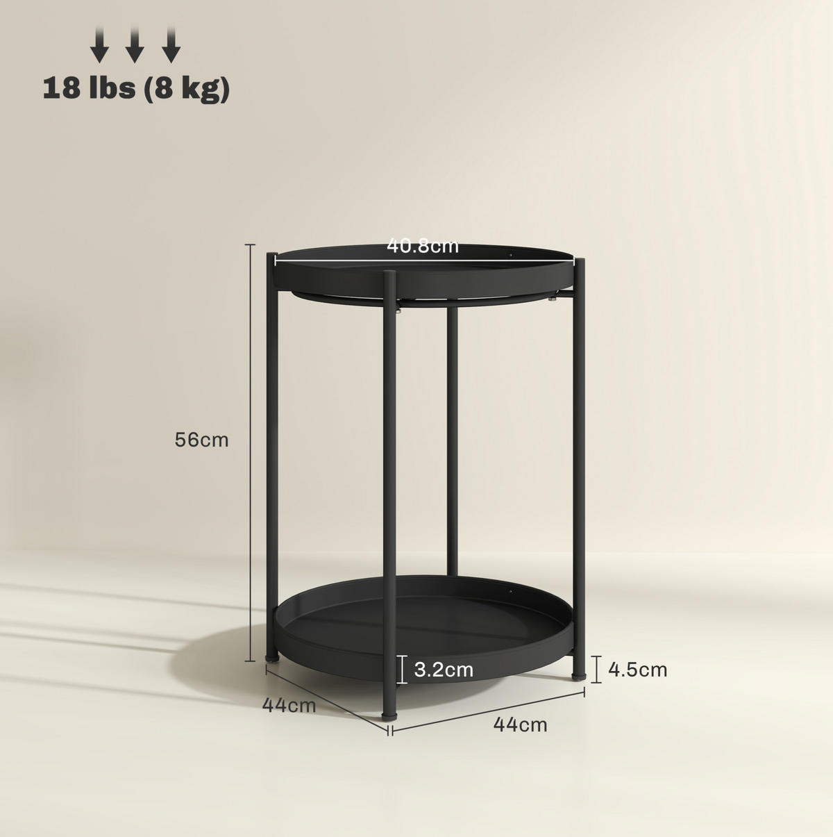 BEISTELLTISCH 44/56 cm in Schwarz mit 2 Etagen aus Stahl - Schwarz, Metall (44/44/56cm) - BEAOK