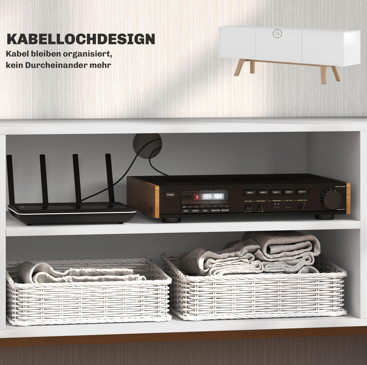 TV-SCHRANK aus Spanplatte 150x39x50 cm Weiß mit Kabelführung, 2 Schränken und offenen Regalfächern - Weiß, Holzwerkstoff (150/50/39cm) - Modfu