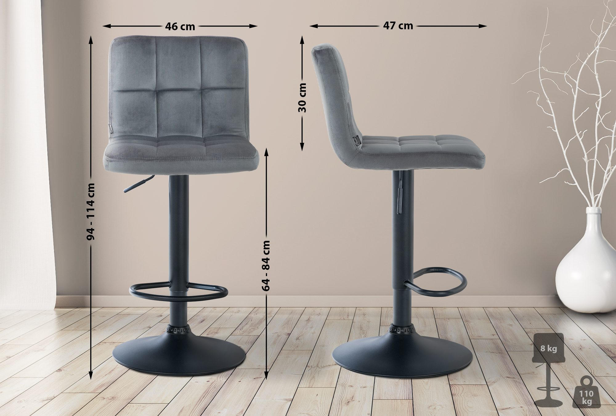 BARHOCKER BRISBAN Dunkelgrau Samt Schwarz - Dunkelgrau, Textil/Metall (46/94/47cm) - DELUKE