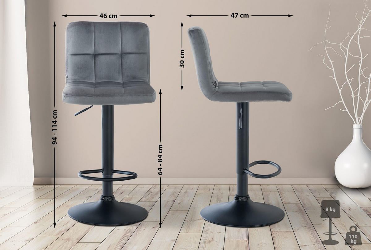 BARHOCKER 2er Set Samt dunkelgrau - Dunkelgrau/Schwarz, Textil/Metall (46/94/47cm) - CLP