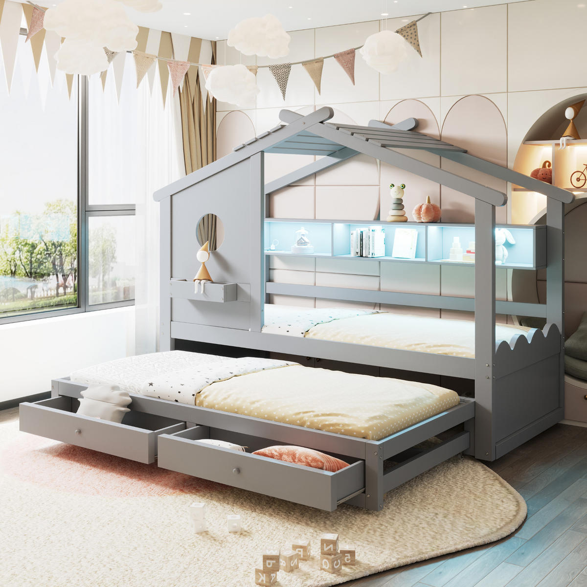 KINDERBETT 90x200 cm Rollbett LED grau - Grau, Holz (90/200cm) - LEBENLANG