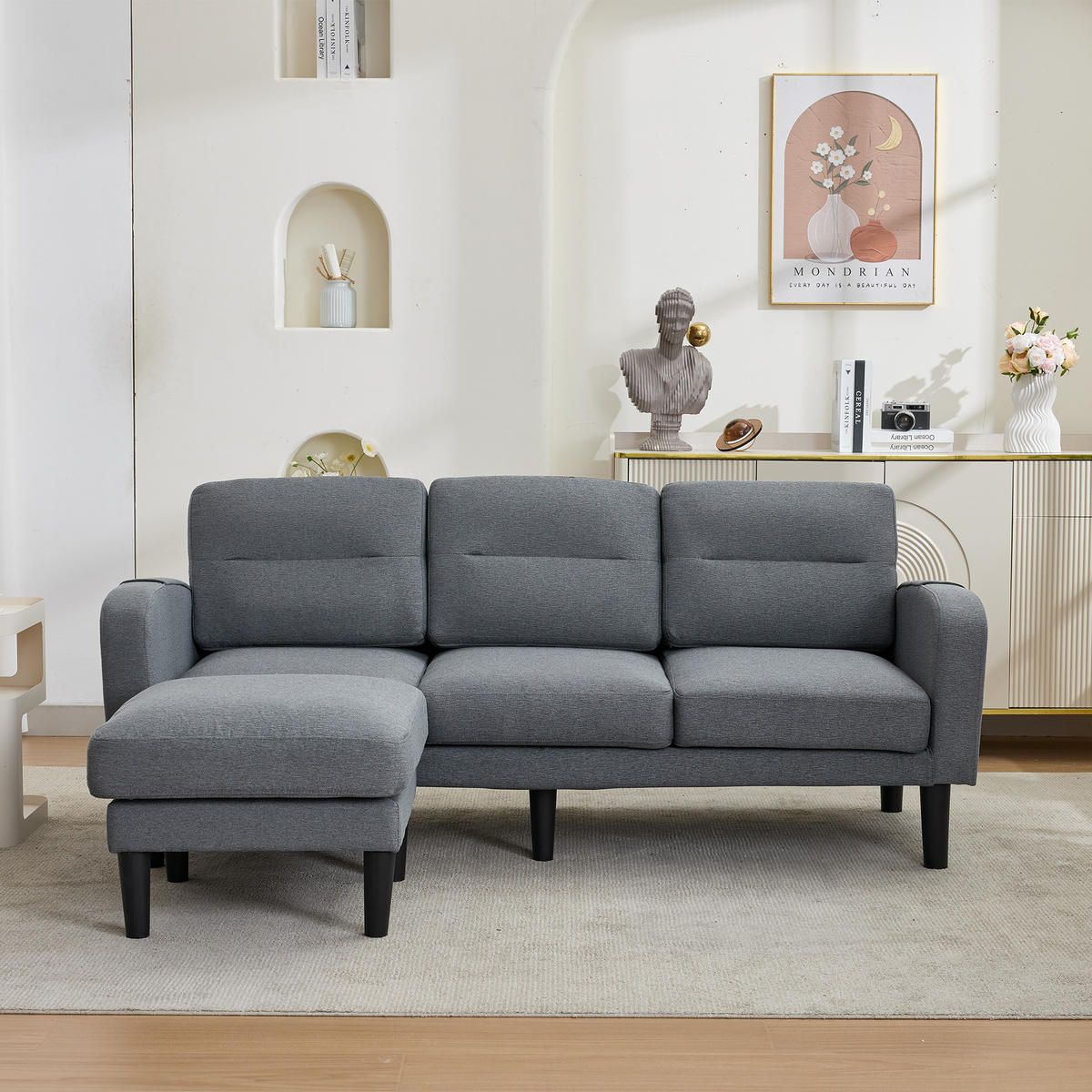 ECKSOFA DE-33175 L-Form mit 6 Aufbewahrungstaschen Grau - Grau, Holzwerkstoff (204/136cm) - ComfortXL