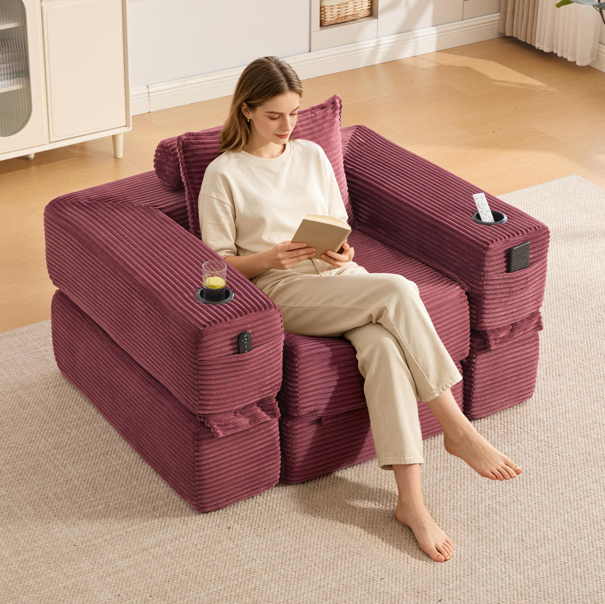 KLAPPSOFA aus Cord mit Seitenfach und Getränkehalter 122 cm Wine Red - Rot, Kunststoff (98/80/122cm) - Meubliv