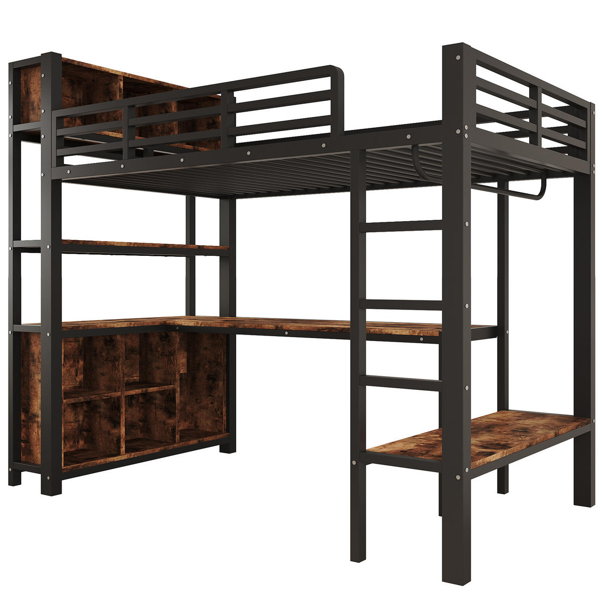 HOCHBETT 90/200 cm mit Tisch und Stauraum, DE-42023, in Schwarz - Schwarz, Metall (90/200cm) - ComfortXL