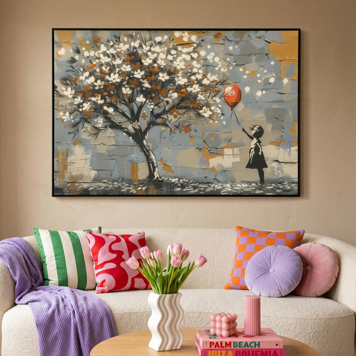 LEINWAND Bilder mit Rahmen - Baum - Graffiti - Banksy-Stil - Ballon-Mädchen - 120x80 - Blaugrau, Textil (120/80cm) - MuchoWow
