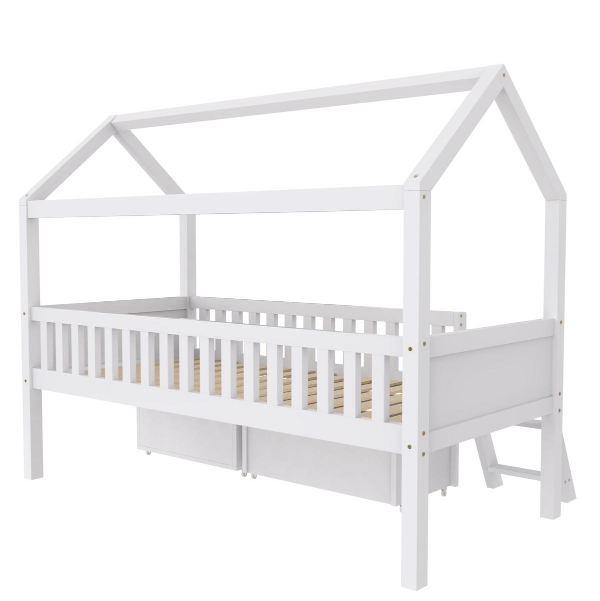 HAUSBETT 90/200 cm aus Kiefer massiv in Weiß – mit Satteldach, Treppe und Stauraum - Weiß, Holz (90/200cm) - BEAOK
