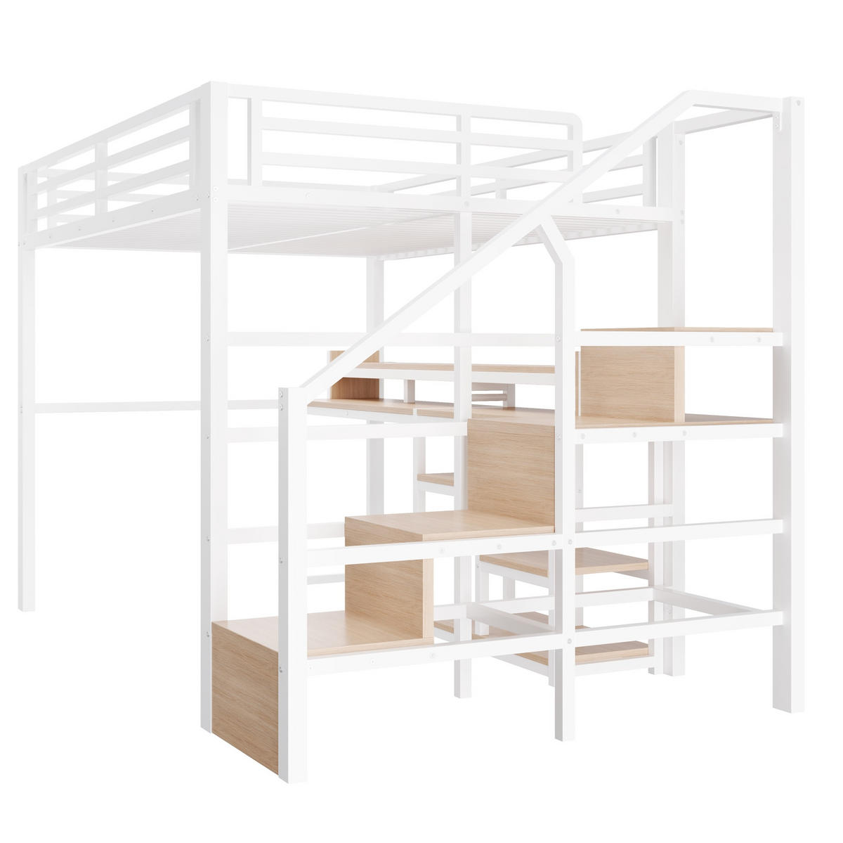 HOCHBETT MDF Metall 140x200 cm Weiß mit Leiterschrank, USB + Typ-C und LED-Lichtleiste - Weiß, Holzwerkstoff (140/200cm) - Modfu