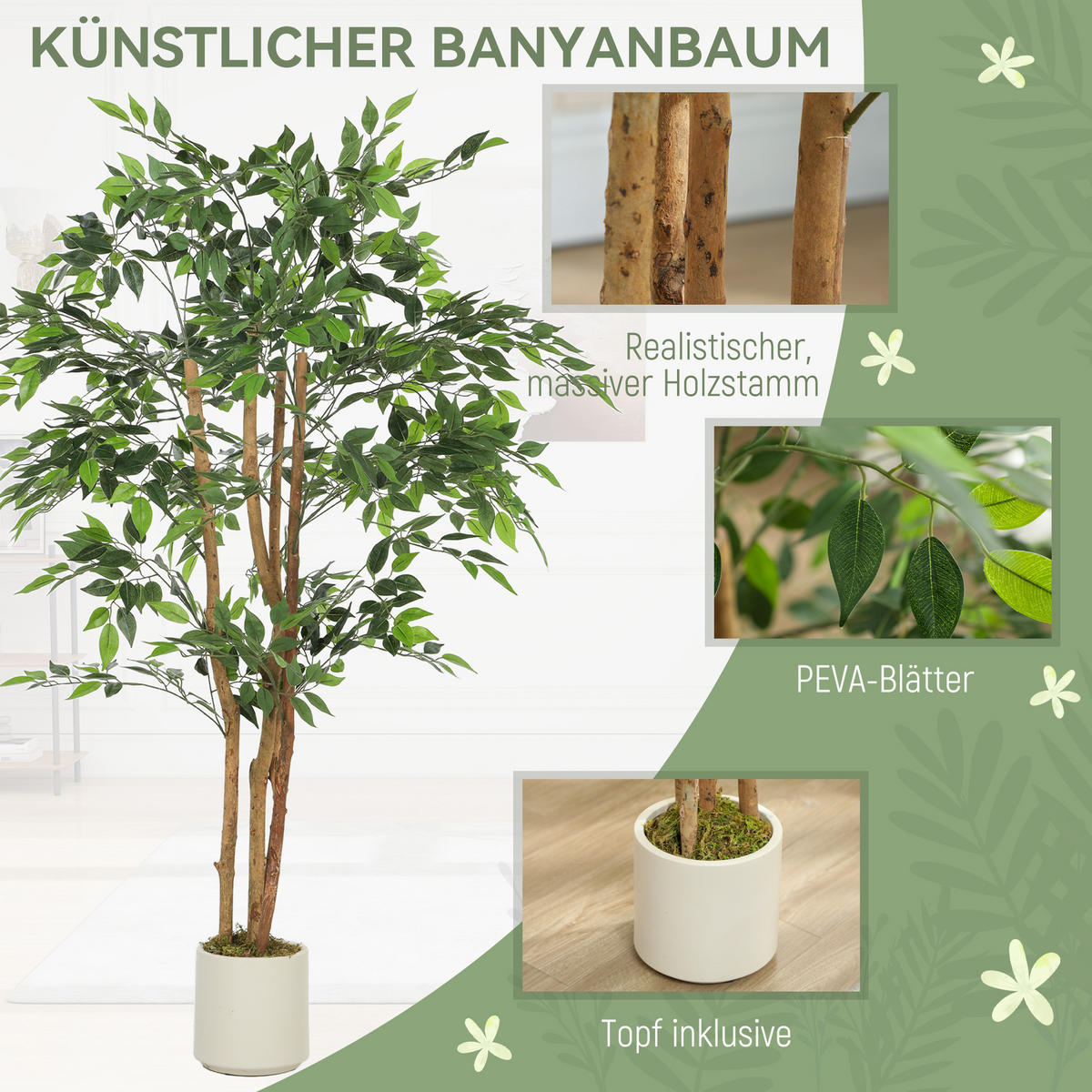 KUNSTPFLANZE Kunststoff Grün - Braun/Weiß, Holz/Kunststoff (150cm) - HOMCOM