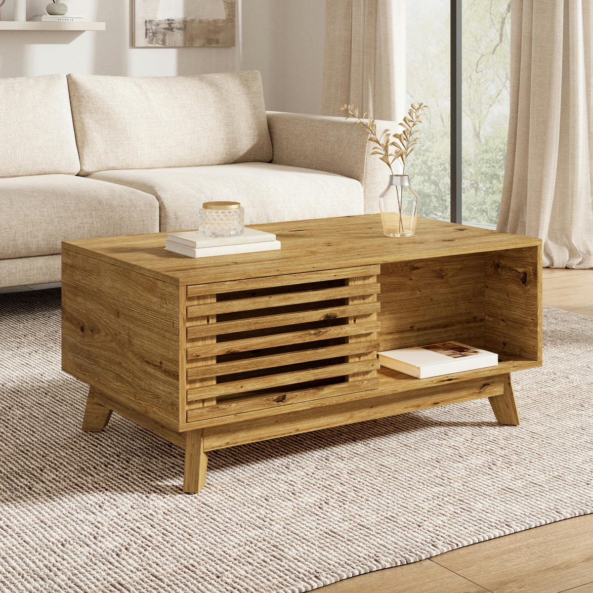 COUCHTISCH höhenverstellbar mit Jalousietür und MDF-Korpus - Naturfarben, Holzwerkstoff (55/90/57.5cm) - FLIEKS
