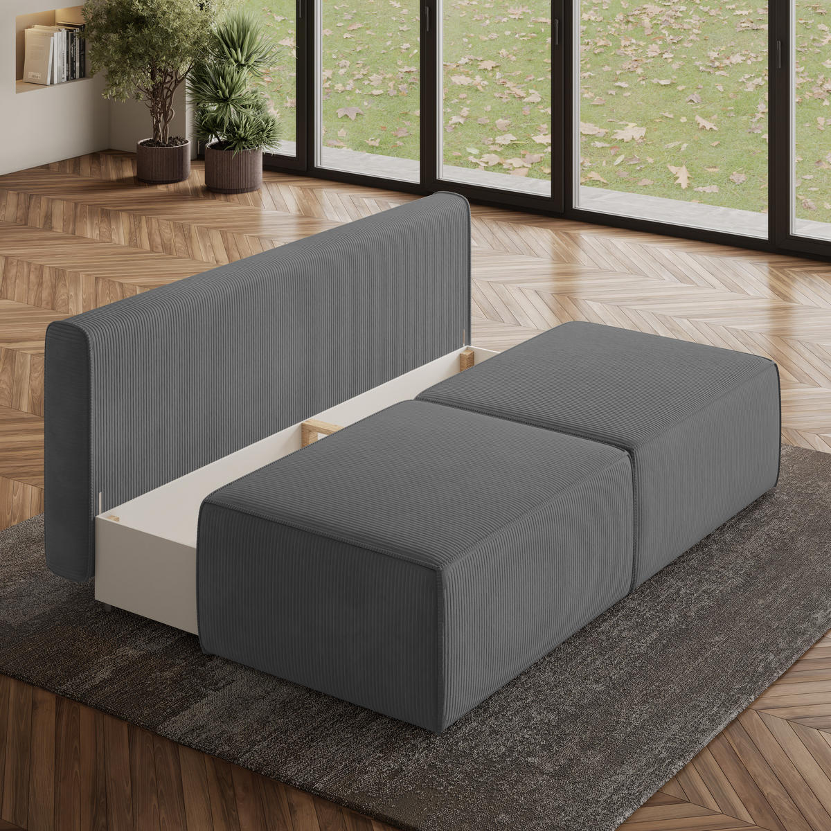 ECKSOFA VARNA P Grau Kordstoff mit Schlaffunktion - Grau, Holz (196/158cm) - MASSENO