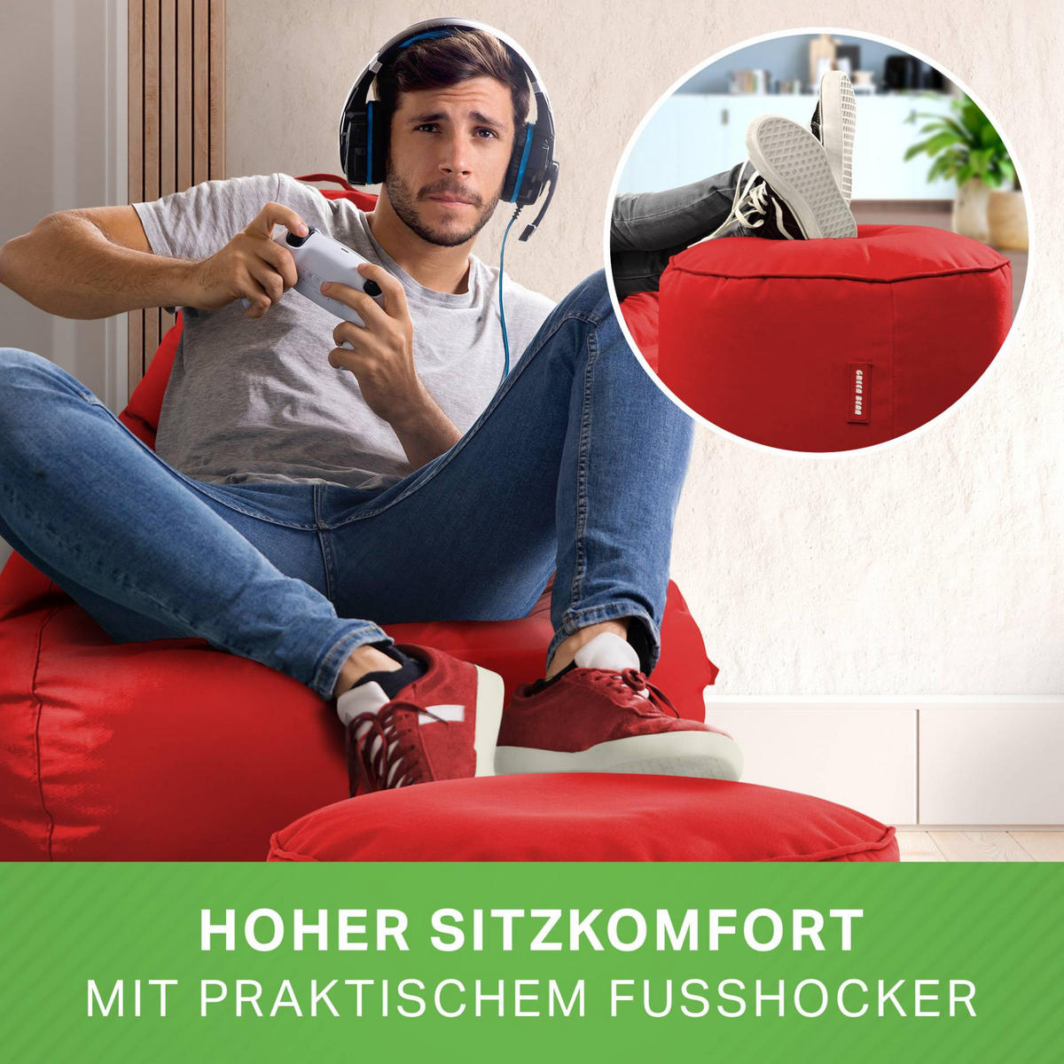 SITZSACK + Hocker "Cozy+Stay" 2er Set - Rot, Textil (70/90/80cm) - Green Bean