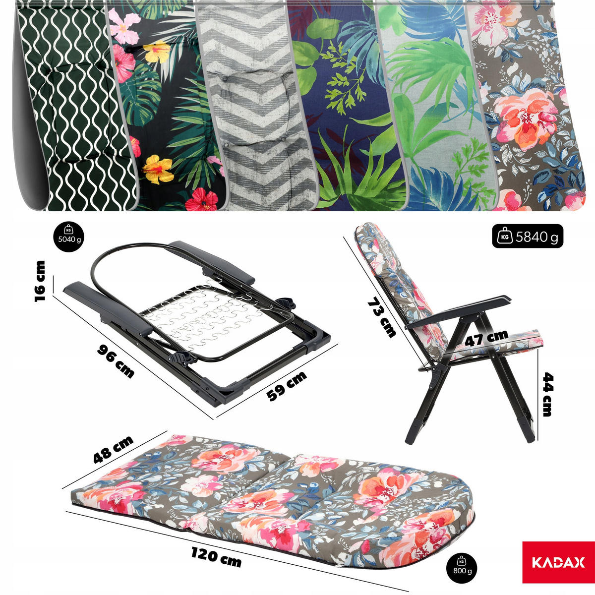 GARTENLIEGE 116 x 70 cm Blumen - Blau/Rosa, Metall (59/116cm) - KADAX