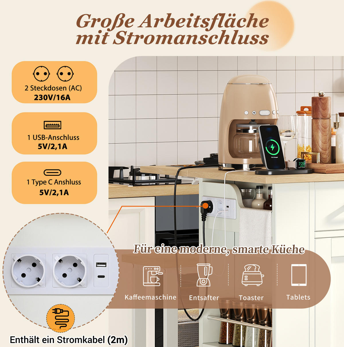 KÜCHENINSEL mit Klappplatte 120 x 45-75 x 96 cm Weiß - Weiß, Holz (45/96/120cm) - Beauniv