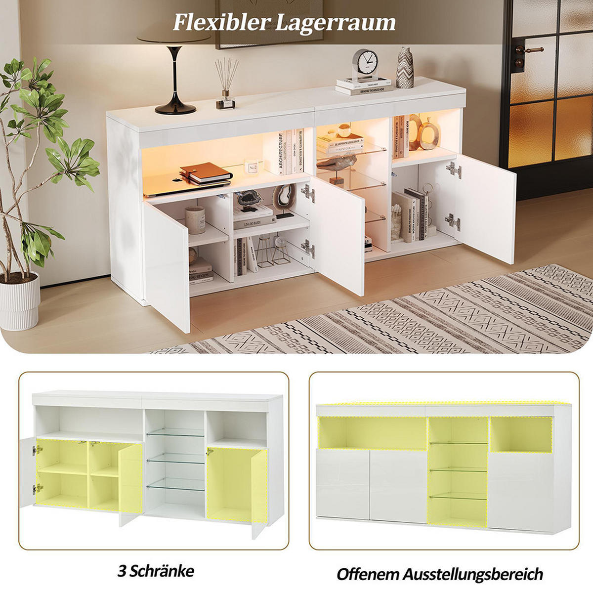 SIDEBOARD mit LED in 155.5 x 35 x 72 cm,Weiß - Weiß, Holzwerkstoff (35/72/155.5cm) - KOMHTOM
