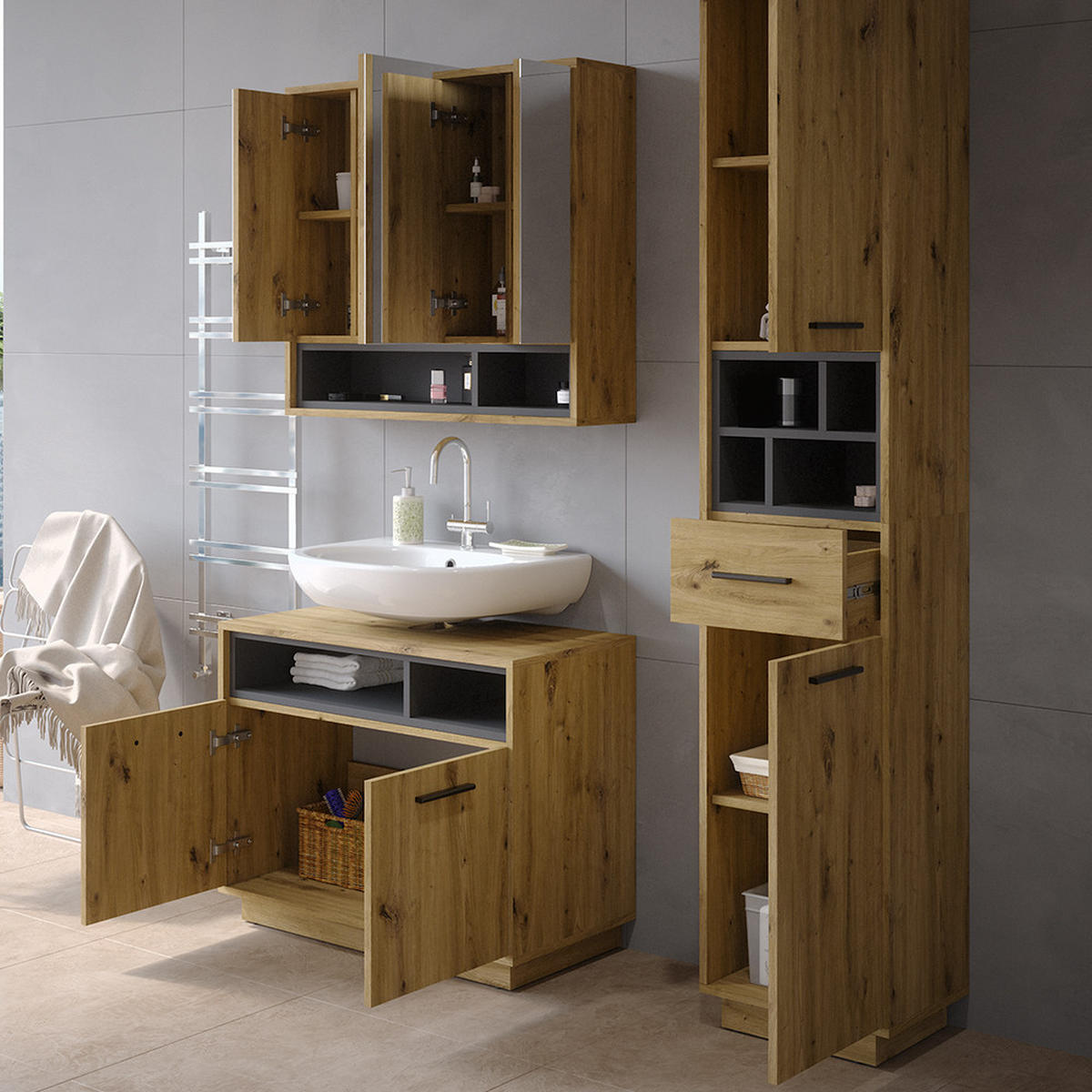 BADMÖBEL-SET Beatrice Artisan-Eiche 3 Teile, mit Hochschrank - Anthrazit/Eiche Artisan, Holzwerkstoff (80/64/40cm) - Vicco
