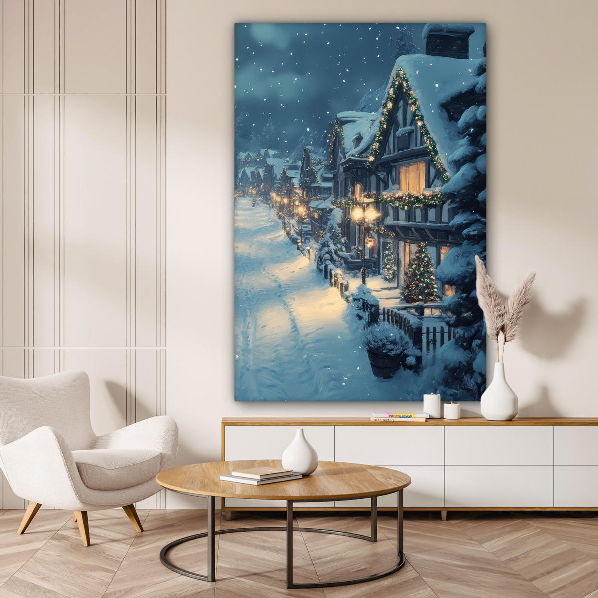 LEINWANDBILD Weihnachtsdorf - Weihnachten - Schnee - Winter 90x140 cm - Dunkelblau, Textil (90/140cm) - MuchoWow