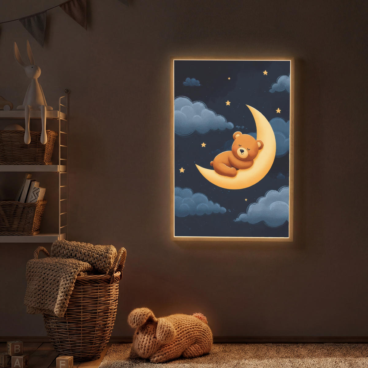 NÁSTĚNNÁ LAMPA S AKUMULÁTOREM Medvídek - Měsíc - Mraky - Hvězdy 60x90 cm - tmavě modrá, kompozitní dřevo (60/90/8cm) - OnlyWow