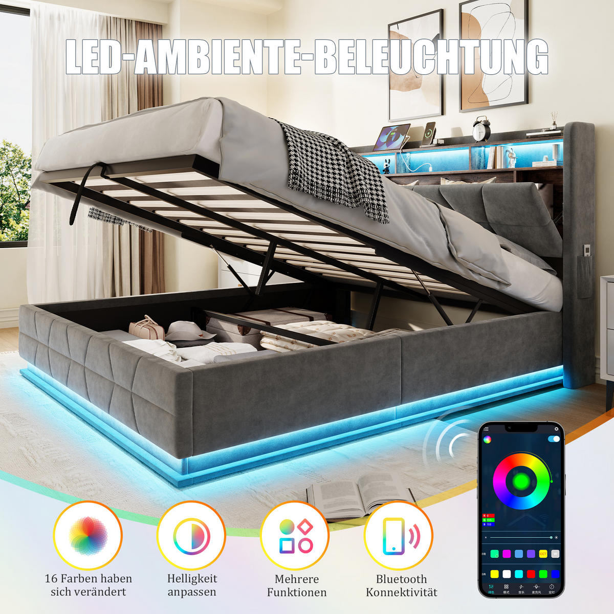 POLSTERBETT 160x200 cm LED USB Stauraum grau - Dunkelgrau, Textil (160/200cm) - LEBENLANG