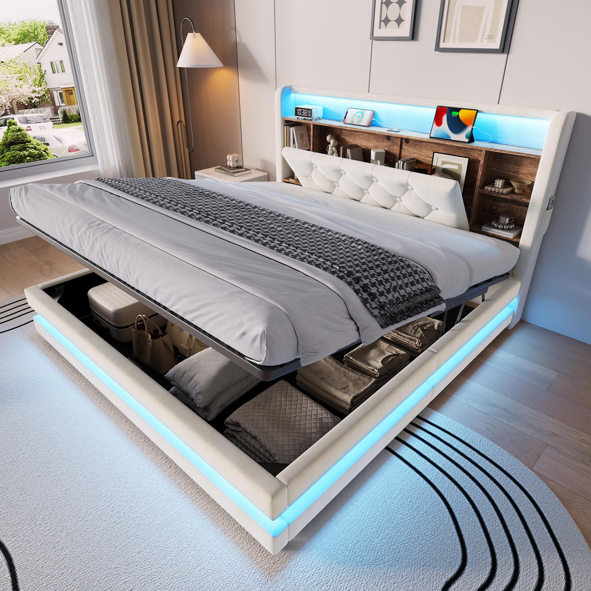 BOXBETT 160/200 mit LED/USB, Kopfteil-Regal & Hydraulik, Samt, Beige - Beige, Holz (160/200cm) - LVHOM