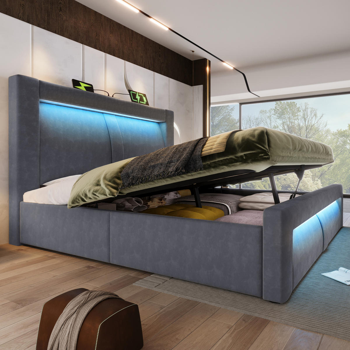 BETT mit Stauraum 180x200 cm Samt Grau mit LED und USB - Grau, Metall (180/200cm) - Meubliv