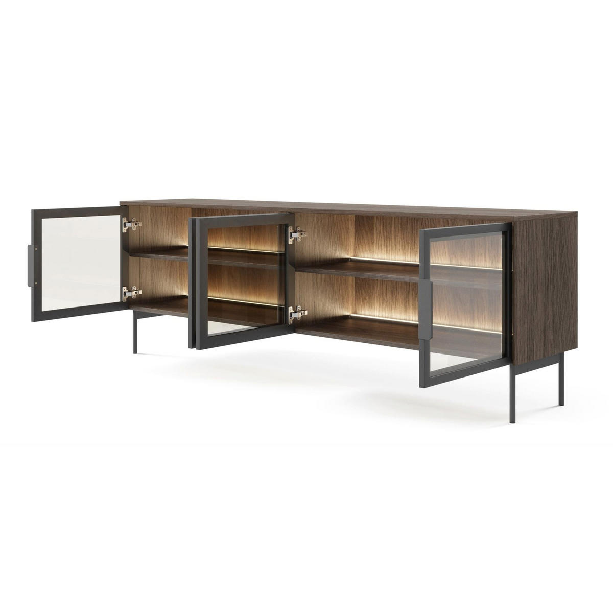 TV stolík Lumi so sklenenými čelami dub Dunin 181/61/39 cm - čierna/tmavohnedá, kov/kompozitné drevo (181.3/39.3/39.3cm) - Selsey
