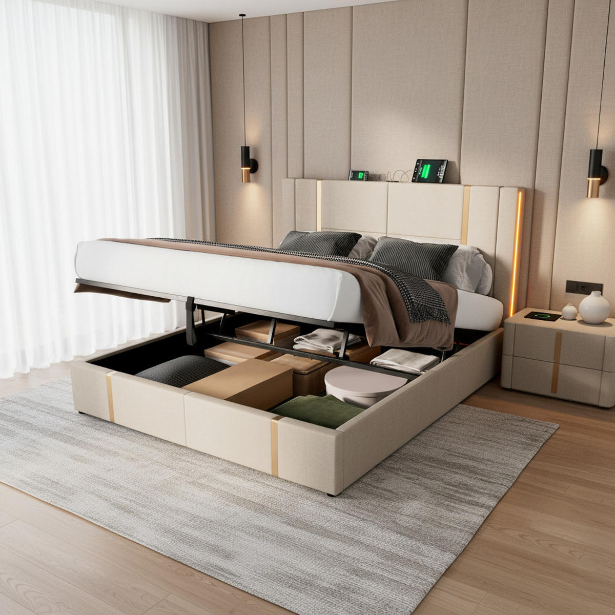 POLSTERBETT Leinen Beige mit LED USB Typ C Stauraum 160×200 cm - Beige, Holzwerkstoff/Textil - Urban Meuble