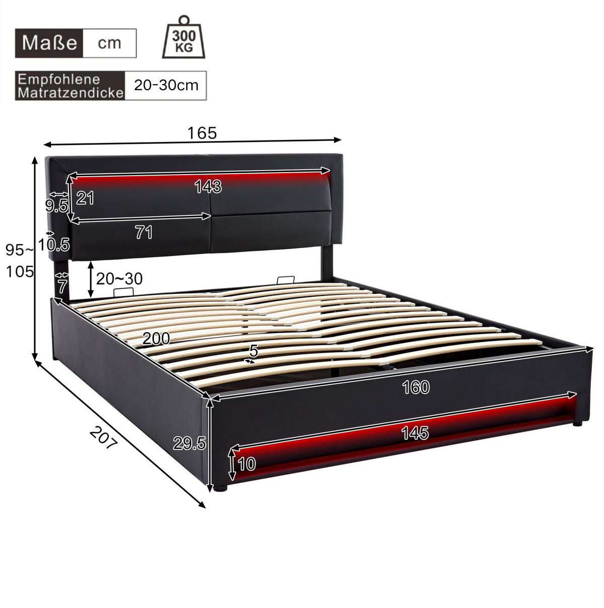 POLSTERBETT 160x200 cm in Schwarz mit LED, USB-Ladefunktion und Stauraum - Schwarz, Kunststoff (160/200cm) - IVMEU