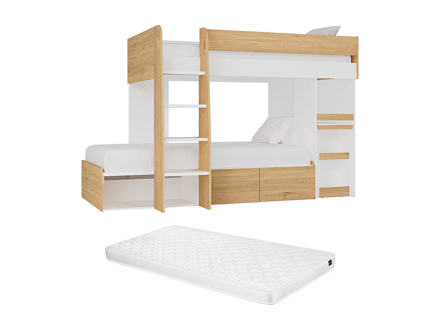 ETAGENBETT - 2 Personen - Holz, Platte - Naturfarben Hell, Weiß - - Naturfarben/Weiß, Holz (90/190cm) - Vente-Unique