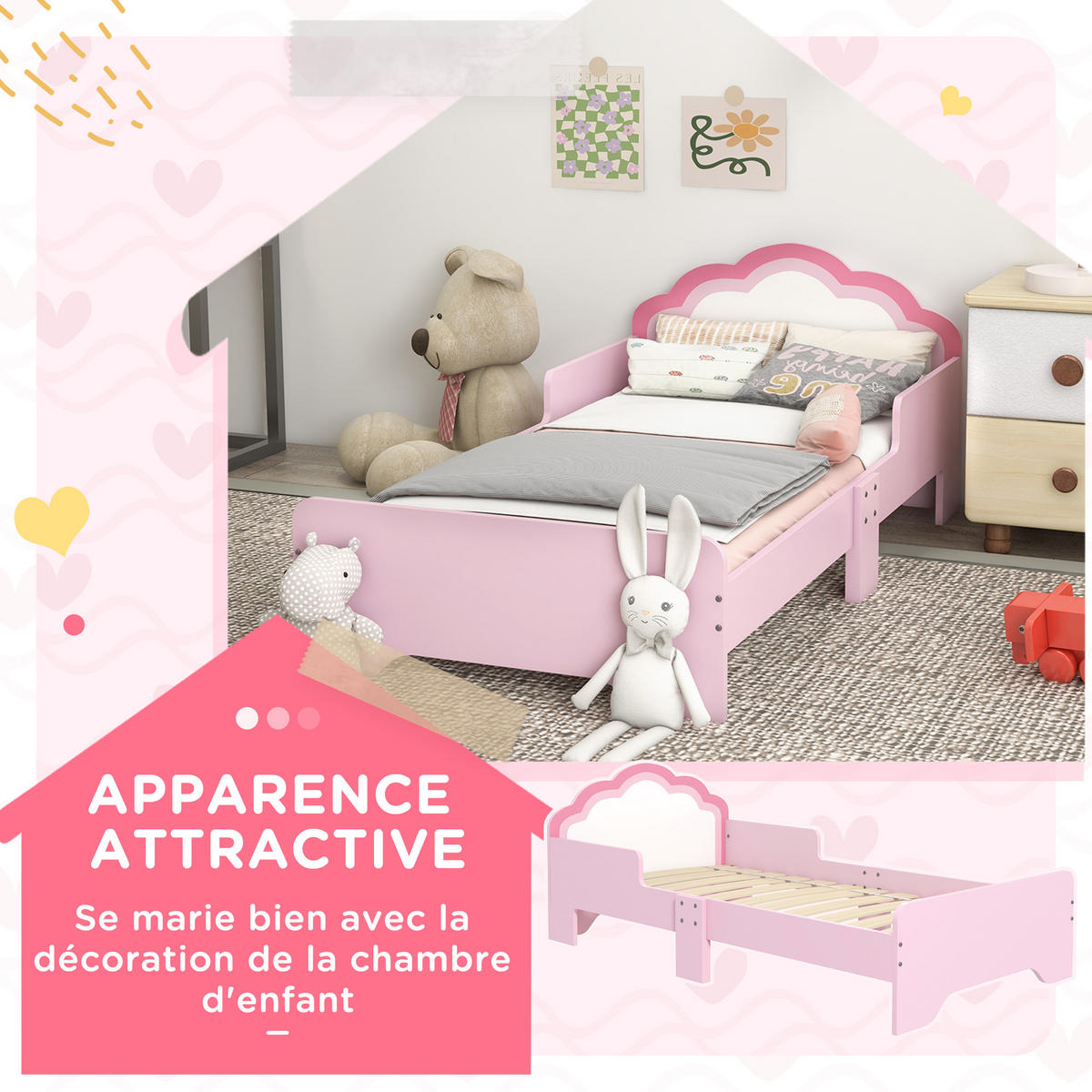 KINDERBETT 140x70 cm DE-14554 mit Wolken-Design, inkl. Lattenrost Rosa - Pink, Holzwerkstoff (70/140cm) - ComfortXL