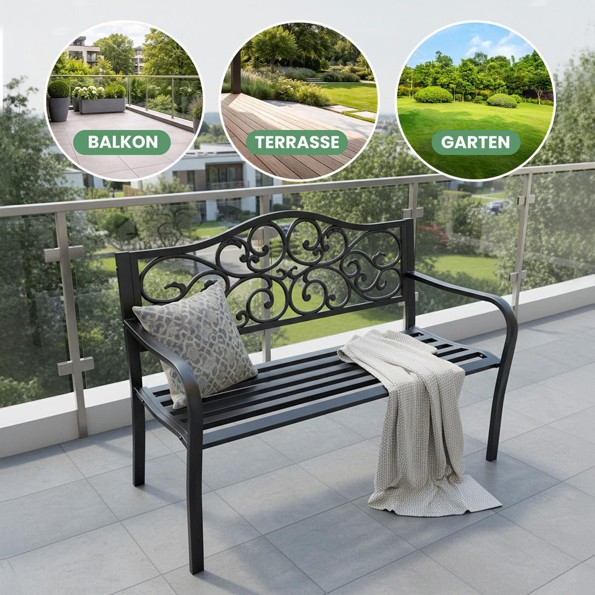 GARTENBANK IRGA Schwarz 127 x 89 x 62 cm - Schwarz, Metall (127/89/62cm) - Akord