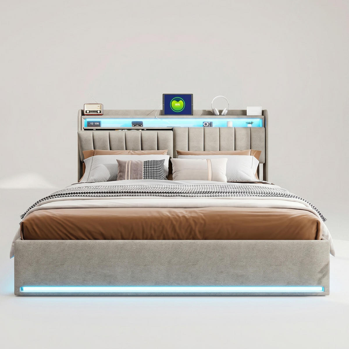 POLSTERBETT 160/200 cm grau mit Stauraum, LED und USB - Grau, Holz
