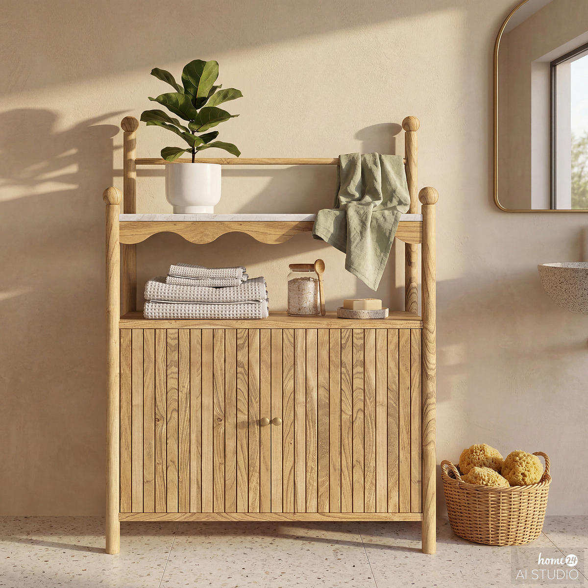 MASSIVER UNTERSCHRANK - Akazie massiv / Marmor - Grau, Holz/Holzwerkstoff (83/107/38cm) - home24