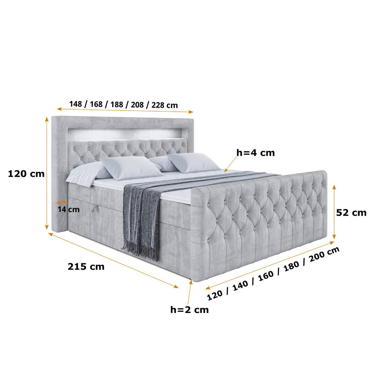 BOXBETT AURORA - 160x200 - H3 - Hellgrau - Hellgrau, Holzwerkstoff (160/200cm) - ALTDECOR