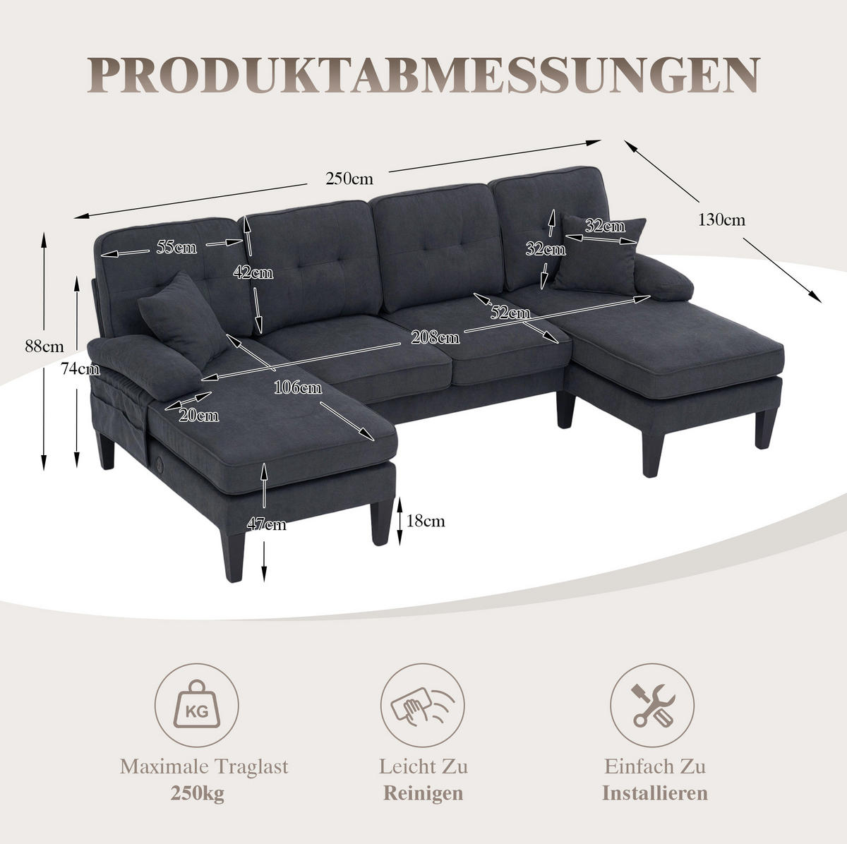 WOHNLANDSCHAFT aus Leinenstoff 250x130x88 cm in Dunkelgrau mit USB/Type-C - Dunkelgrau, Textil (130/88/250cm) - Modfu