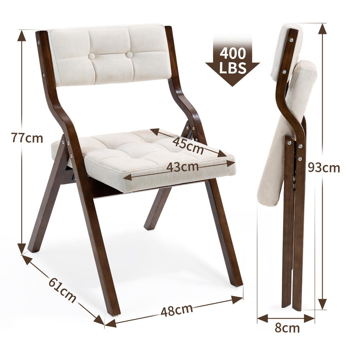 KLAPPSTUHL gepolstert faltbar Holz 2er-Set Cream - Weiß, Holz (48/77/61cm) - Meubliv