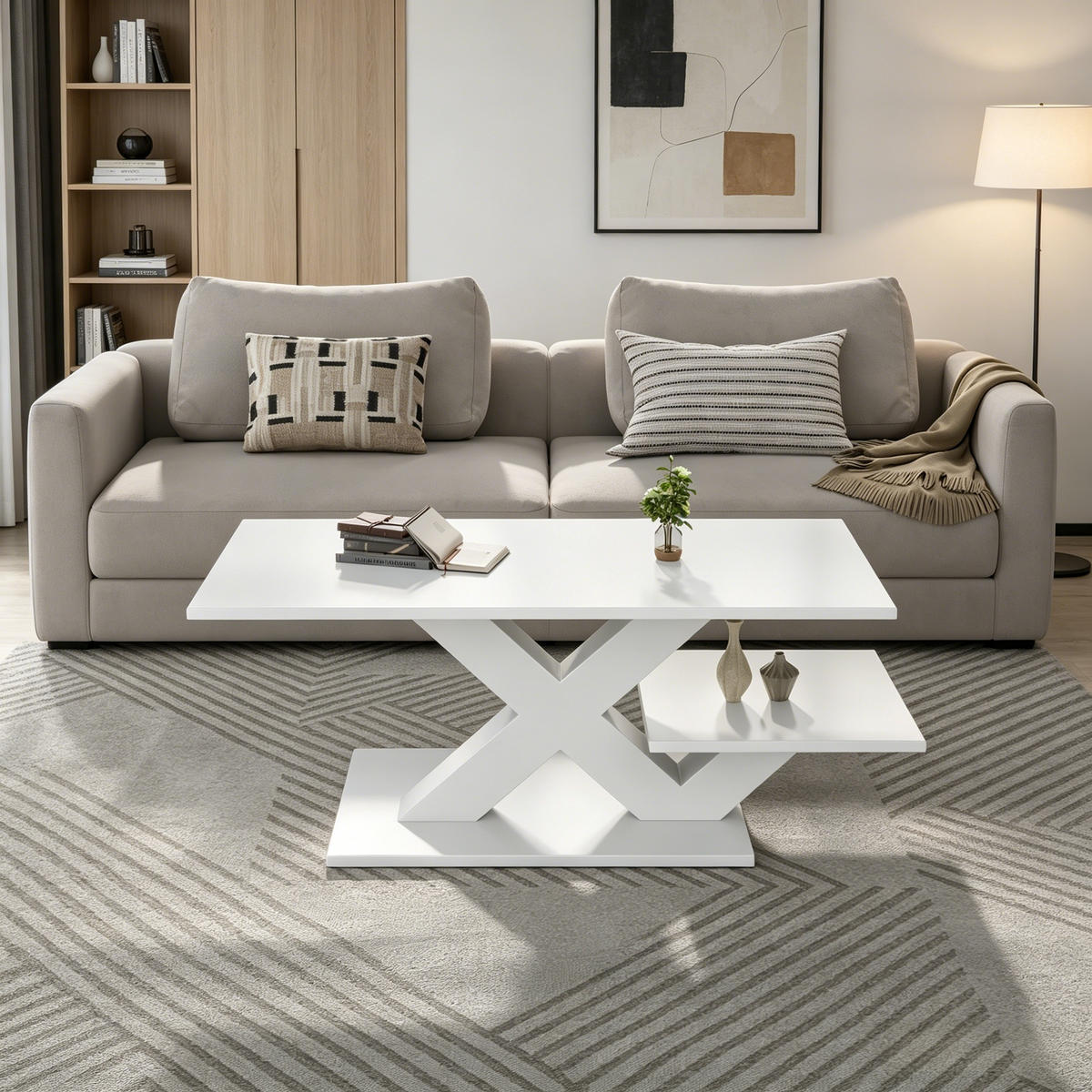 COUCHTISCH mit doppelter Arbeitsplatte und X-förmigen Tischbeinen MDF Weiß 100/48/45 cm - Weiß, Holzwerkstoff (100/48/45cm) - EVRYAE