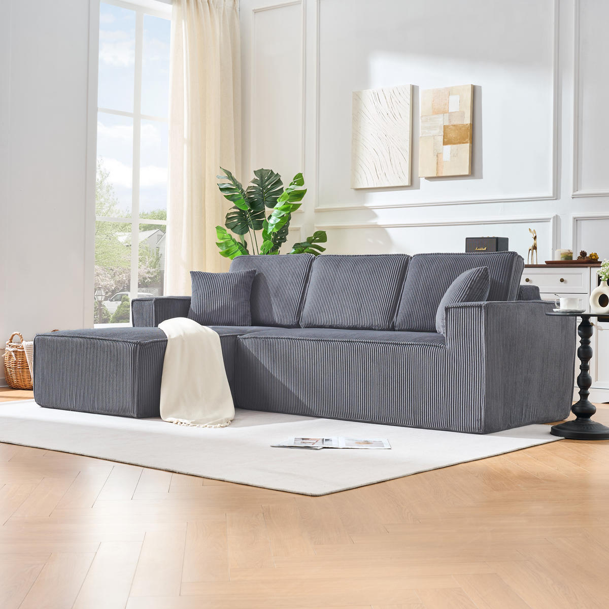 ECKSOFA Cord Grau mit 2 Kissen - Grau, Textil (235/128cm) - WISHDOR